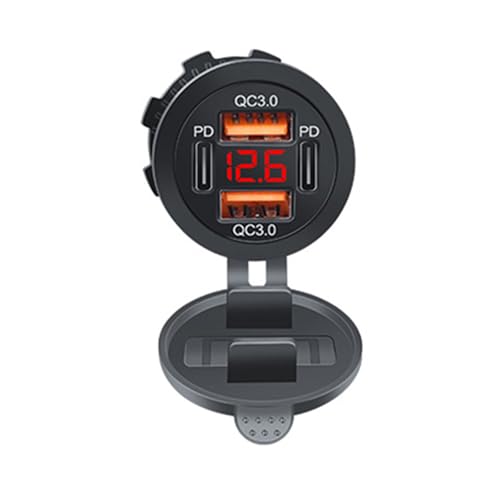 USB-Ladebuchse, 12 V-24 V, USB-Steckdose, Doppel-USB-A + Doppel-Typ-C-Ausgang mit Kappen, Voltmeter, USB-Anschluss für Auto von SLXLYH