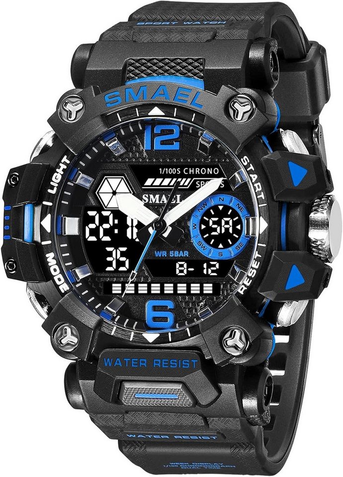 SMAEL Multifunktional Stoppuhr, Alarm, Kalender, LED-Licht, Dualzeit & mehr Watch, Gleichzeitige Anzeige zwei Zeitzonen durch analoge & digitale Technik von SMAEL