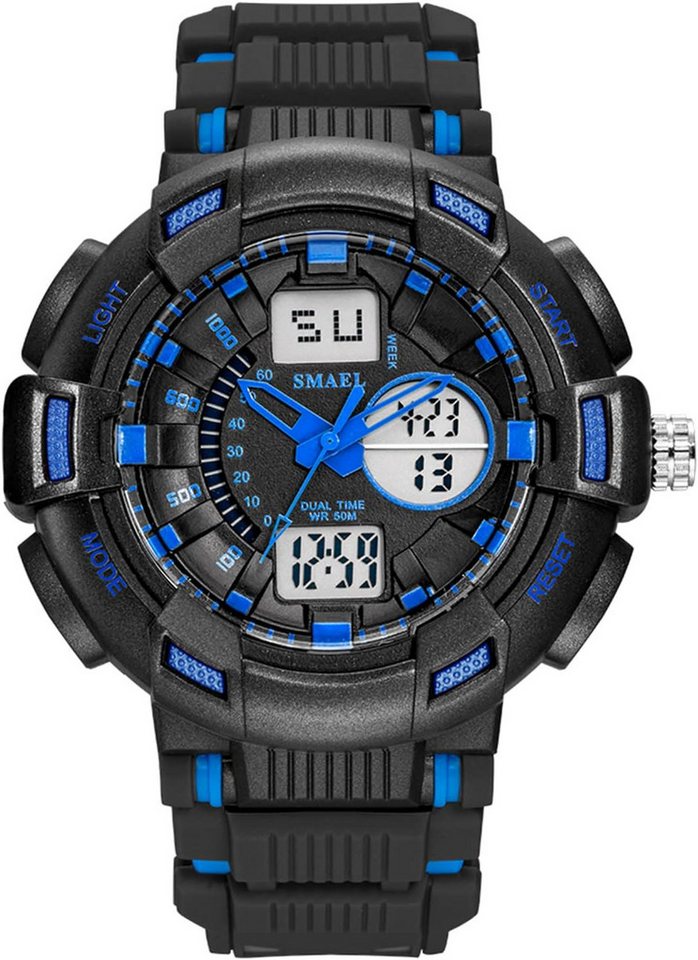 SMAEL Vielseitige Mit Stoppuhr, Dualzeit,Alarm, Kalender, LED-Licht und mehr Watch, Doppeltes Uhrwerk Quarz- und Digitalwerk sorgen für präzise Zeitangabe von SMAEL