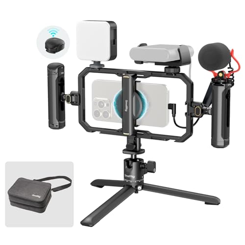 SMALLRIG All-in-One Universal Quick Release Phone Rig Kit Pro, Smartphone Video Rig mit LED-Licht Mikrofon QR-Stativ Doppelgriffen Powerbank-Halterung für iPhone 16 15 14 für Samsung für Pixel – 4704 von SMALLRIG