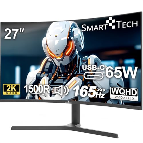 Smart Tech 2K Gaming Monitor 27 Zoll, 1500R Curved Bildschirm 165Hz, 2560 * 1440 (QHD), 1ms, Mit Lautsprechern, 16.7M(8 bit), FreeSync, DP 1.4, HDMl, USB-C, (Mit HDMI&USB-C&DP Kabel) von Smart Tech