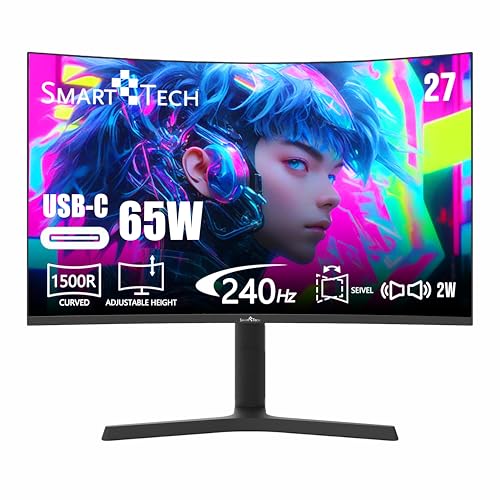 SMART TECH Curved Gaming Monitor: 27 Zoll, 240Hz, 1500R, FHD Auflösung, 1ms MPRT, Adaptive-Sync, Eingebaute Lautsprecher (HDMI-, Type-C- & DP- Kabel enthalten) von SMART TECH