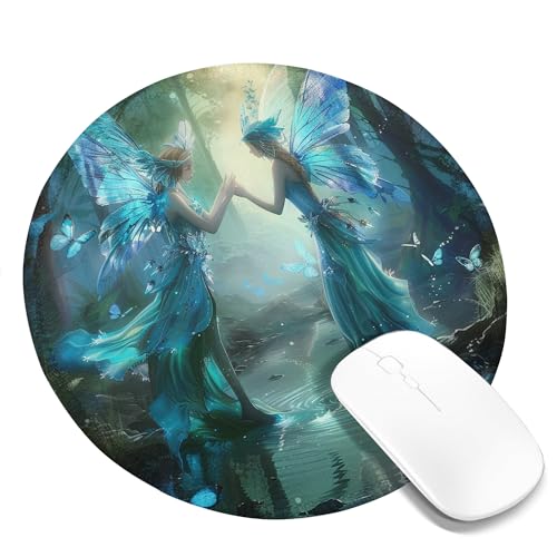 Feen-Gaming-Mauspad, Landschaft, Schönheit, Schmetterlingsflügel, Elfensee, mystische Landschaft, Blaugrün, Polyester-Gummi, rutschfest, dekorativ, für Büro, Firma, Heimcomputer, rund, 20,3 x 20,3 cm Feen-Gaming-Mauspad, Landschaft, Schönheit, Schmetterlingsflügel, Elfensee, mystische Landschaft, Blaugrün, Polyester-Gummi, rutschfest, dekorativ, für Büro, Firma, Heimcomputer, rund, 20,3 x 20,3 cm von SMAZDFXX