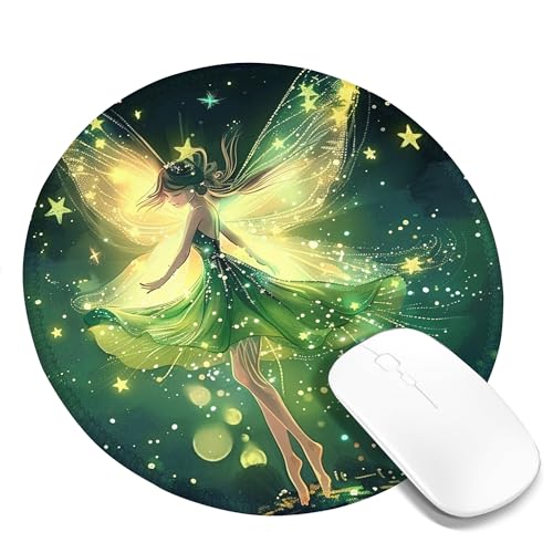 Feen-Mauspad, leuchtender Stern, Elfe, Schmetterling, Schönheit, Flügel, verträumtes Glitzermädchen, grün-gelb, Polyester-Gummi, wasserdicht, dekorativ, für Unternehmen, Bibliothek, Büro, genäht, rund Feen-Mauspad, leuchtender Stern, Elfe, Schmetterling, Schönheit, Flügel, verträumtes Glitzermädchen, grün-gelb, Polyester-Gummi, wasserdicht, dekorativ, für Unternehmen, Bibliothek, Büro, genäht, rund von SMAZDFXX