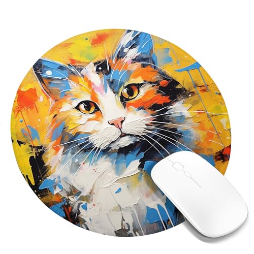 Katzen-Gaming-Mauspad, ästhetisch, niedlich, Tier-Illustration, Kätzchen, Ölgemälde, Orange, Blau, Schwarz, Polyester-Gummi, rutschfest, dekorativ, für Büro, Firma, Zuhause, Computermatte, rund, 20,3 Katzen-Gaming-Mauspad, ästhetisch, niedlich, Tier-Illustration, Kätzchen, Ölgemälde, Orange, Blau, Schwarz, Polyester-Gummi, rutschfest, dekorativ, für Büro, Firma, Zuhause, Computermatte, rund, 20,3 von SMAZDFXX