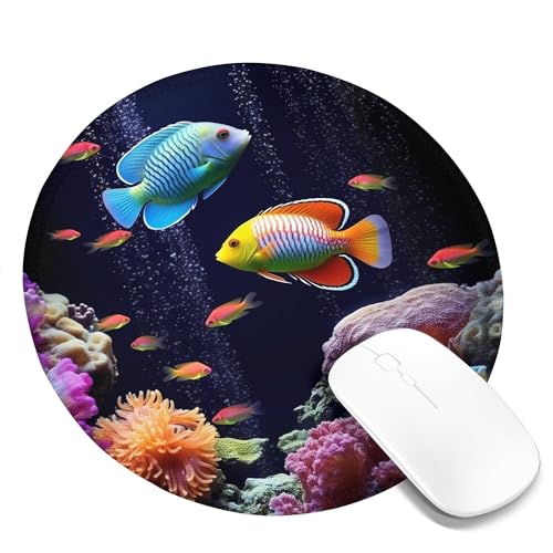 Mauspad mit Fischmotiv, Unterwasserlandschaft, , Meer, Korallen, Tiere, Rosa, Orange, Schwarz, Polyester-Gummi, wasserdicht, dekorativ, für Unternehmen, Bibliothek, Büro, genäht, rund, 20,3 x 20, Mauspad mit Fischmotiv, Unterwasserlandschaft, , Meer, Korallen, Tiere, Rosa, Orange, Schwarz, Polyester-Gummi, wasserdicht, dekorativ, für Unternehmen, Bibliothek, Büro, genäht, rund, 20,3 x 20, von SMAZDFXX
