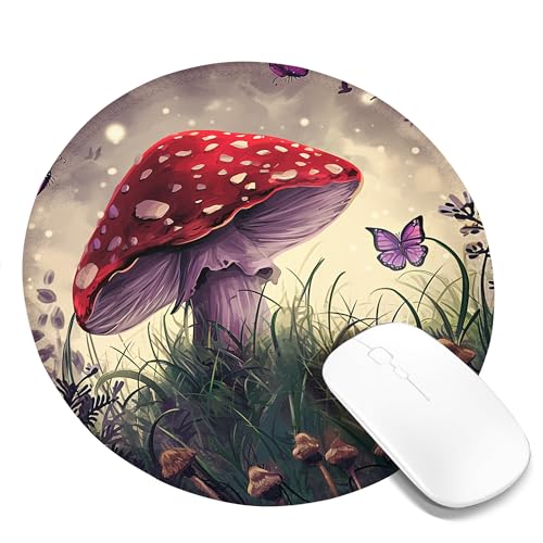 Mauspad mit Pilzmotiv für Laptop, Farmhouse Cottagecore, Pflanzen, Schmetterling, Ästhetik, Rot, Flieder, Grün, Polyester-Gummi, dekorativ, rutschfest, für Zuhause, Schreibtisch, rund, 20,3 x 20,3 cm Mauspad mit Pilzmotiv für Laptop, Farmhouse Cottagecore, Pflanzen, Schmetterling, Ästhetik, Rot, Flieder, Grün, Polyester-Gummi, dekorativ, rutschfest, für Zuhause, Schreibtisch, rund, 20,3 x 20,3 cm von SMAZDFXX