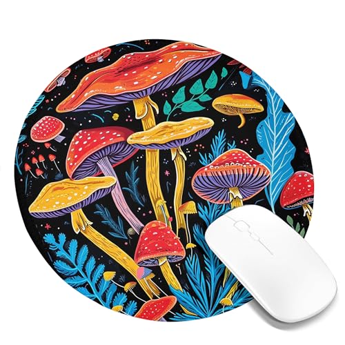 Mauspad mit Pilzmotiv für Laptop, Pflanzen, botanisches Landhaus, Cottagecore, Ästhetik, Bohemian, Schwarz, Rot, Blau, Polyester, Gummi, dekorativ, rutschfest, für Zuhause, Schreibtisch, rund, 20,3 x Mauspad mit Pilzmotiv für Laptop, Pflanzen, botanisches Landhaus, Cottagecore, Ästhetik, Bohemian, Schwarz, Rot, Blau, Polyester, Gummi, dekorativ, rutschfest, für Zuhause, Schreibtisch, rund, 20,3 x von SMAZDFXX
