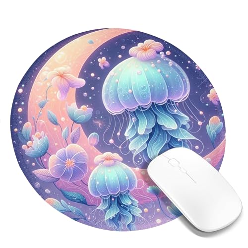 Quallen-Mauspad, Mond, Blumen, verträumte Romantik, mädchenhafte Perlen, Meereslebewesen, Rosa, Blau, Flieder, Polyester-Gummi, wasserdicht, dekorativ, für Unternehmen, Bibliothek, Büro, genäht, rund, Quallen-Mauspad, Mond, Blumen, verträumte Romantik, mädchenhafte Perlen, Meereslebewesen, Rosa, Blau, Flieder, Polyester-Gummi, wasserdicht, dekorativ, für Unternehmen, Bibliothek, Büro, genäht, rund, von SMAZDFXX