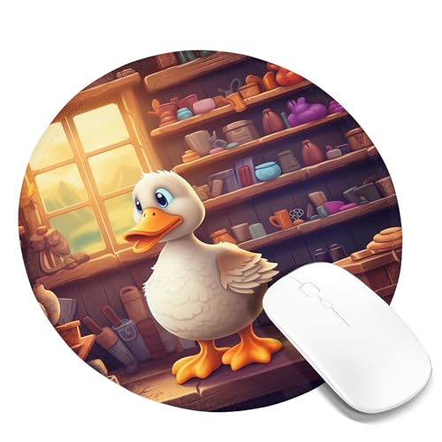 Tragbares Mauspad mit Ente, süßes Tier-Cartoon-Regal, Holzplanke, malerisches Bauernhaus, Braunweiß, Polyester-Gummi, dekorativ, waschbar, für Bibliothek, Schreibtisch, Büro, für Laptop, rund, 20,3 x Tragbares Mauspad mit Ente, süßes Tier-Cartoon-Regal, Holzplanke, malerisches Bauernhaus, Braunweiß, Polyester-Gummi, dekorativ, waschbar, für Bibliothek, Schreibtisch, Büro, für Laptop, rund, 20,3 x von SMAZDFXX