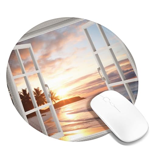 Tragbares Mauspad mit Meeresmotiv, Fensterblick, Strand, Sonnenaufgang, Sonnenuntergang, Küstenlandschaft, Himmel, Insel, Baum, Weiß, Gold, Gelb, Polyester, Gummi, Dekor, waschbar, für Bibliothek, Sch Tragbares Mauspad mit Meeresmotiv, Fensterblick, Strand, Sonnenaufgang, Sonnenuntergang, Küstenlandschaft, Himmel, Insel, Baum, Weiß, Gold, Gelb, Polyester, Gummi, Dekor, waschbar, für Bibliothek, Sch von SMAZDFXX