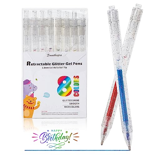 SMOOTHERPRO Metallic Gelstifte | Glitzer Einziehbare Gelstifte Set | 8 Stück Gelschreiber | für Gästebuch Malbücher Karten Schreiben Zeichnen und Skizzieren (GRP008) | 1,0 mm Spitze | 8 Farben von SMOOTHERPRO