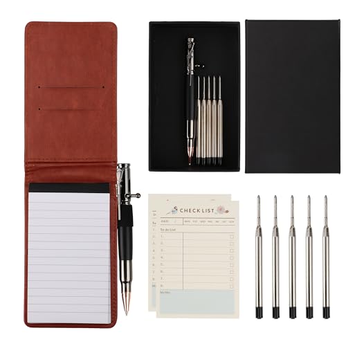 SMOOTHERPRO Mini Notizblock Halter Set | 9 Stück | Einschließlich Bolt Actionstift 5 Stiftminen 50 Blatt Notizbuchpapier 60 Blatt Aufgabenlisten und 60 Blatt Wochenplaner | Braun (MN135BN) von SMOOTHERPRO