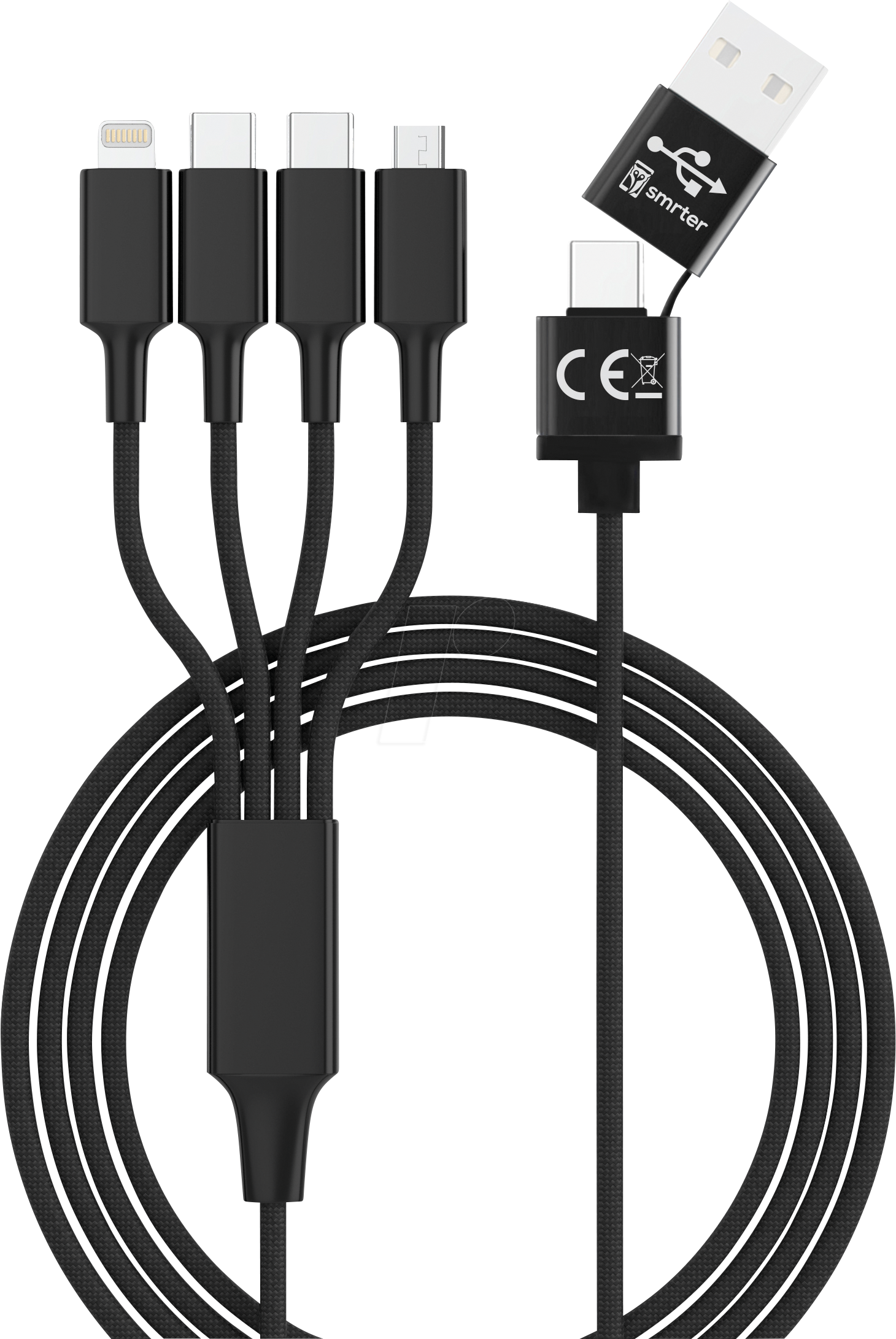 HYDRA ELITE-C BK - Ladekabel, USB-A/-C -> micro USB, Lightning & 2x USB-C, schwarz von SMRTER