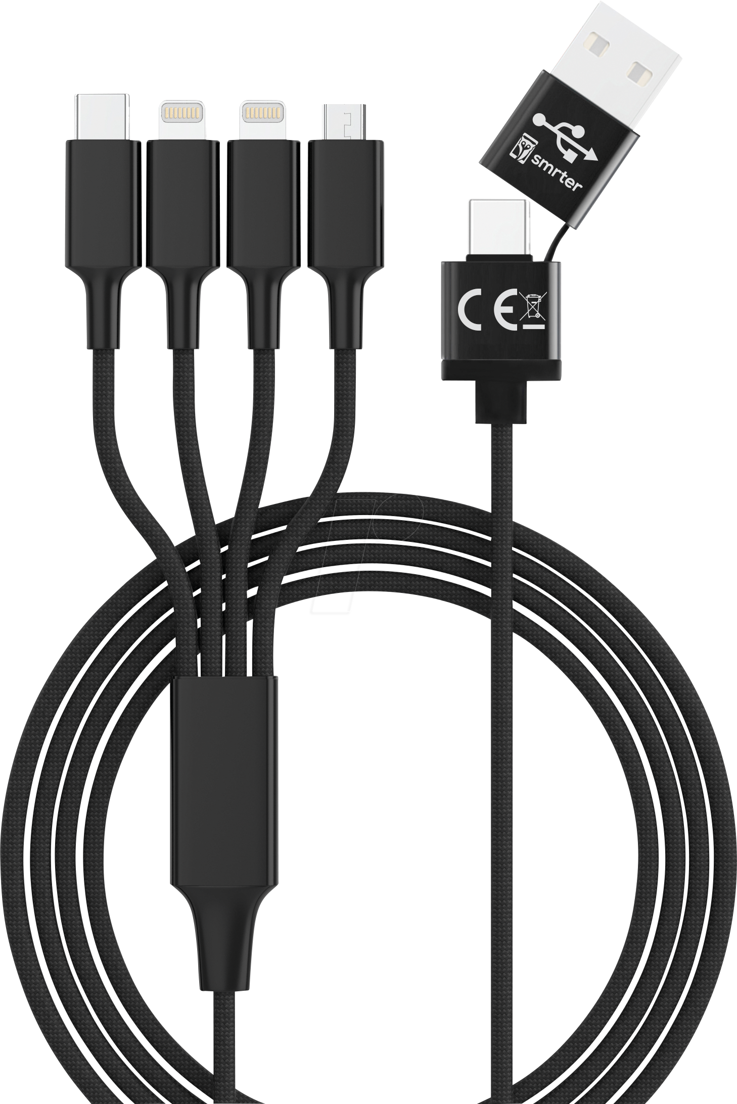 HYDRA ELITE-L BK - Ladekabel, USB-A/-C -> micro USB, USB-C & 2x Lightning, schwarz von SMRTER