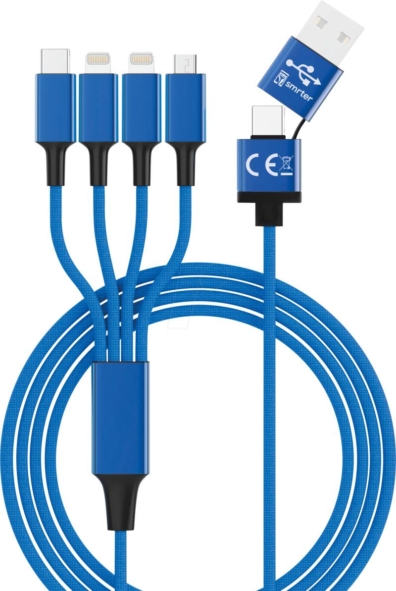 HYDRA ELITE-L BL - Ladekabel, USB-A/-C -> micro USB, USB-C & 2x Lightning,blau von SMRTER