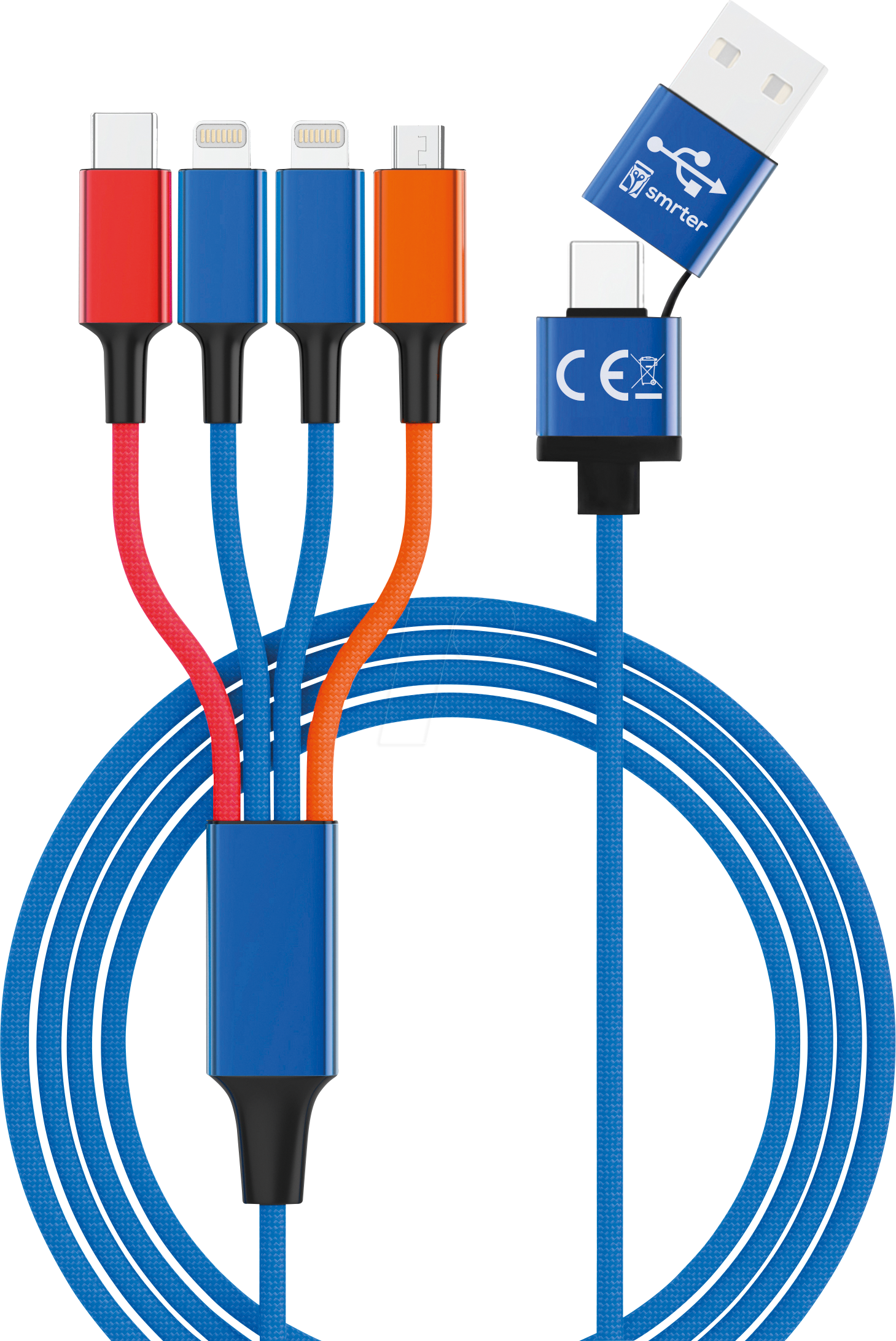 HYDRA ELITE-L MX - Ladekabel, USB-A/-C -> micro USB, USB-C & 2x Lightning,blau/bunt von SMRTER