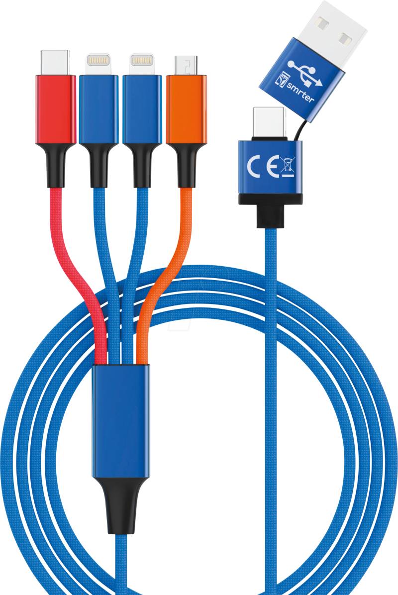 HYDRA ELITE-L MX - Ladekabel, USB-A/-C -> micro USB, USB-C & 2x Lightning,blau/bunt von SMRTER