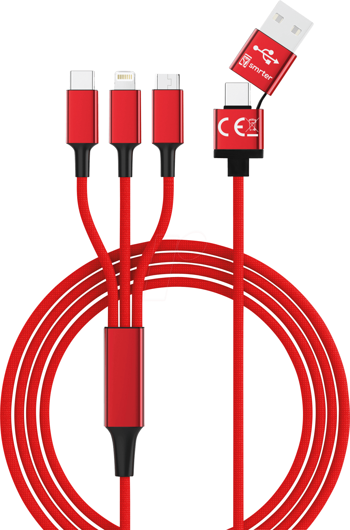HYDRA ULT RD - Ladekabel, USB-A/USB-C -> micro USB, Lightning & USB-C, rot von SMRTER