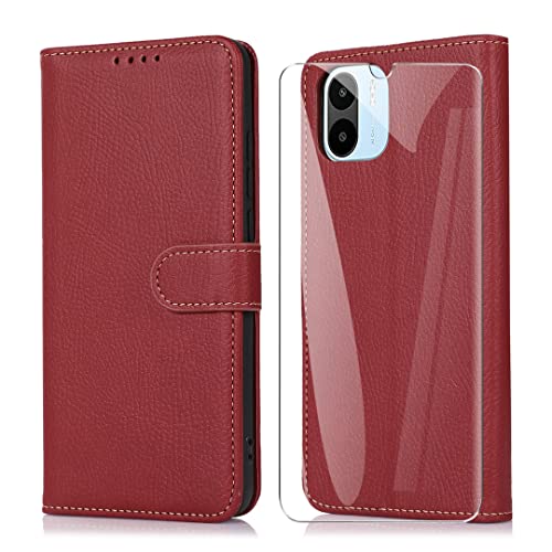 SMYTU Handyhülle für Xiaomi Redmi A2 / Redmi A1 4G Hülle mit Schutzfolie, Flip PU Lederhülle Book Case Magnetverschluss Schutzhülle Ständer Kompatibel für Xiaomi Redmi A1 / A2 4G- Rot von SMYTU