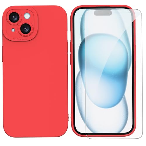 SMYTU Hülle Kompatibel mit iPhone 15 6.1 Zoll und Schutzglas Handyhülle,Weiche Silikon TPU Schutzhülle Stoßfeste Kratzfeste Case Cover - Rot von SMYTU