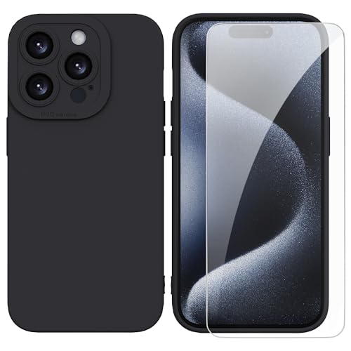 SMYTU Hülle Kompatibel mit iPhone 15 Pro 6.1 Zoll und Schutzglas Handyhülle,Weiche Silikon TPU Schutzhülle Stoßfeste Kratzfeste Case Cover - Schwarz von SMYTU