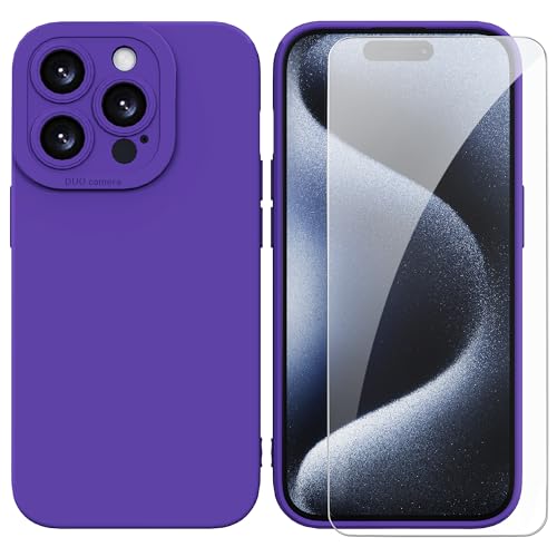 SMYTU Hülle Kompatibel mit iPhone 15 Pro 6.1 Zoll und Schutzglas Handyhülle,Weiche Silikon TPU Schutzhülle Stoßfeste Kratzfeste Case Cover - Violet von SMYTU