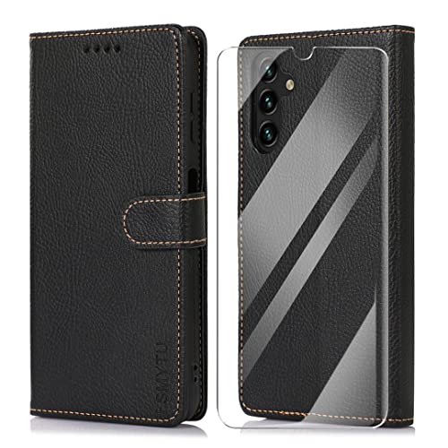 SMYTU Hülle für Samsung Galaxy A14 4G / 5G Handyhülle mit Schutzfolie, Flip PU Lederhülle Book Case Magnetverschluss Schutzhülle Ständer Kompatibel für Samsung Galaxy A14 4G / 5G - Schwarz von SMYTU