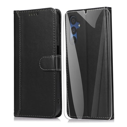 SMYTU Hülle für Samsung Galaxy A15 4G / 5G Handyhülle mit Schutzfolie, Flip PU Lederhülle Book Case Magnetverschluss Schutzhülle Ständer Kompatibel für Samsung Galaxy A15 4G - Schwarz von SMYTU