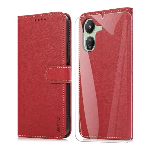 SMYTU Hülle für Xiaomi Redmi 13C 4G Handyhülle mit Schutzfolie, Flip PU Lederhülle Book Case Magnetverschluss Schutzhülle Ständer Kompatibel für Xiaomi Redmi 13C - Rot von SMYTU