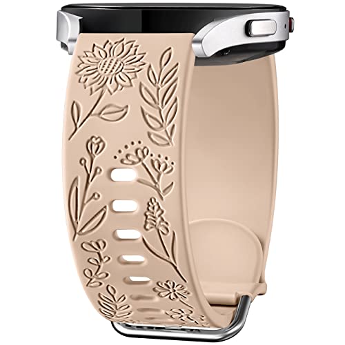 SNBLK Silikonband für Galaxy Watch 5 40 mm 44 mm/Watch 5 Pro 45 mm/Galaxy Watch 42 mm/Watch 3 41 mm/Active 2 40 mm / 44 mm, Sonnenblume graviert, Milchtee von SNBLK