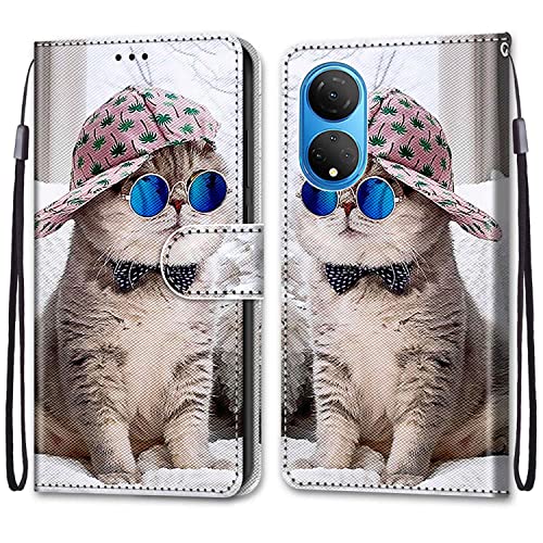 SNCLET Case für Honor X7 Case,PU Leder Cover Hülle Brieftasche Honor X7 Handyhülle Kartenfächer Magnet Stoßfest Anti-Scratch Handy Schutzhülle für Honor X7 Phone Case,Katze einen Hut trägt von SNCLET