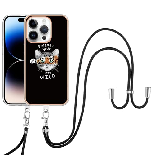 SNCLET Case für iPhone 14 Pro Slim Case Handyhülle mit Umhängeband Handykette Case Kratzfeste Lanyard Hülle Necklace TPU Edges PC Hülle mit Band Protective für iPhone 14 Pro 6.1",Tiger-Katze von SNCLET