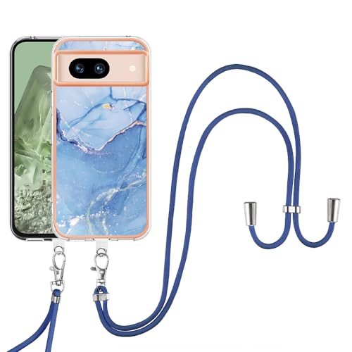 SNCLET Cover für Google Pixel 8a Handyhülle mit Band Necklace Handy Kette TPU Edges PC Case Hülle mit Lanyard Protective Case Stoßfest Schutzhülle Case für Google Pixel 8a,Blau Marmor von SNCLET