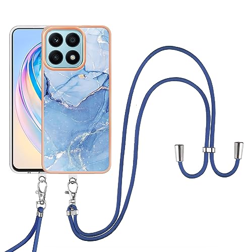 SNCLET Cover für Honor X8a Handyhülle mit Band Necklace Handy Kette TPU Edges PC Case für Honor X8a Hülle mit Lanyard Protective Case Stoßfest Schutzhülle Case für Honor X8a,Blau Marmor von SNCLET