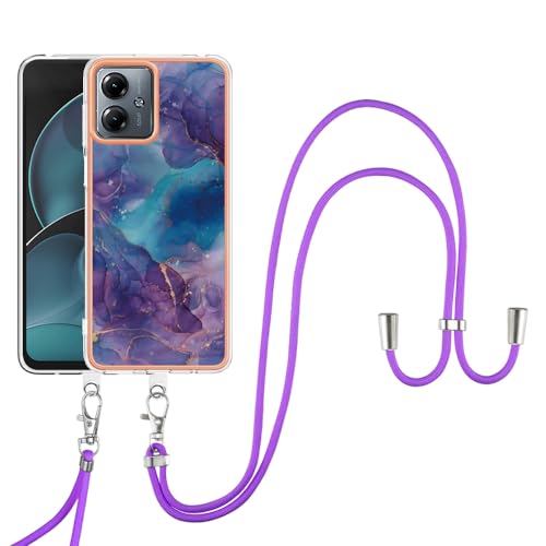 SNCLET Cover für Motorola Moto G14 Handyhülle mit Band Necklace Handy Kette TPU Edges PC Case für Motorola G14 Hülle mit Lanyard Protective Stoßfest Schutzhülle für Moto G14,Violett Blau Marmor von SNCLET