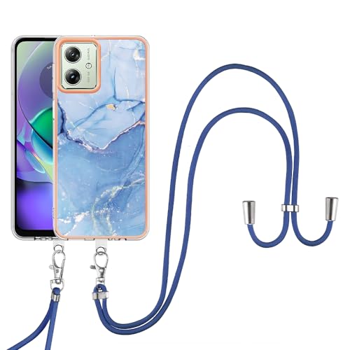 SNCLET Cover für Motorola Moto G54 Handyhülle mit Band Necklace Handy Kette TPU Edges PC Case für Motorola G54 Hülle mit Lanyard Protective Case Stoßfest Schutzhülle für Moto G54,Blau Marmor von SNCLET