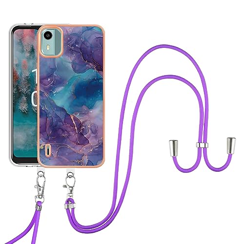 SNCLET Cover für Nokia C12 Handyhülle mit Band Necklace Handy Kette TPU Edges PC Case für Nokia C12 Hülle mit Lanyard Protective Case Stoßfest Schutzhülle Case für Nokia C12,Violett Blau Marmor von SNCLET