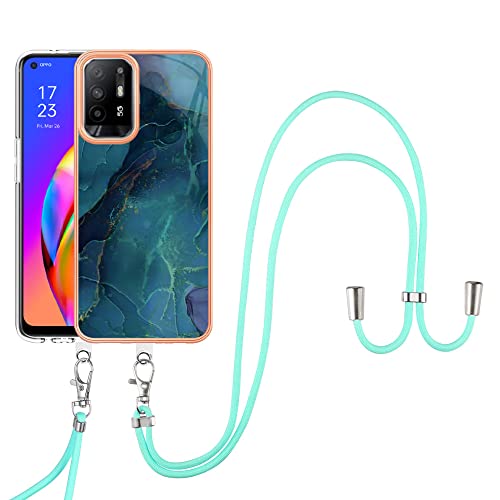 SNCLET Cover für Oppo A94 5G,Oppo A95 5G Handyhülle mit Band Necklace Handy Kette TPU Edges PC Hülle mit Lanyard Protective Case Stoßfest Schutzhülle Case für Oppo A94 5G,Oppo A95 5G,Grün Marmor von SNCLET