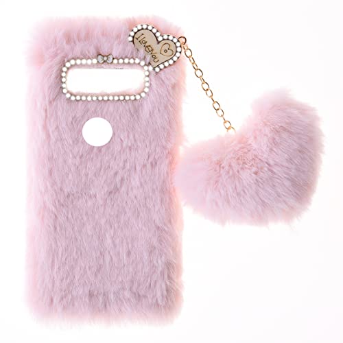 SNCLET Fluffy Plush Case für LG Q60 Handyhülle Silikon Handyhülle Case Girls Cute Bling Bow Diamond Fluffy Furry Soft Warm Gradient Fur Protective Cover Silikon Hülle für LG Q60 Cover,Rosa von SNCLET