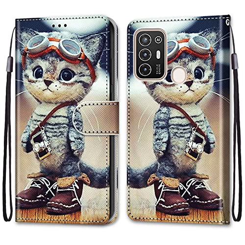 SNCLET für ZTE Blade A52 Phone Case PU Leder Hülle Brieftasche Handyhülle Kartenfächer Magnetholster Stoßfest Anti-Scratch Handy Schutzhülle für ZTE Blade A52 Protective Case,Cartoon Katze von SNCLET