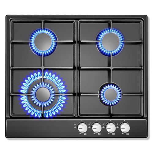 SNDOAS Gaskochfeld 4 Flammig, Schwarz Emaillierte Platte Gasherd 58cm, Automatischer Flammenschutz, Erdgas und Propangas, Einbau oder Freistehend, 8060W, 220-240V von SNDOAS