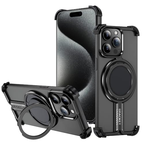 SNIDII Luxus Titan Bumper Magnetische Handyhülle für 16 Pro Max Metall Drehbarer Ständer Rahmenlos Stoßfest Cover (Schwarz) von SNIDII
