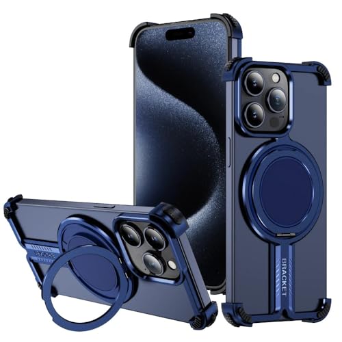 SNIDII Luxus Titan Bumper Magnetische Handyhülle für 16 Pro Metall Drehbarer Ständer Rahmenlos Stoßfest Cover (Blau) von SNIDII