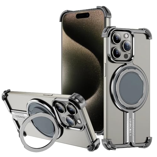SNIDII Luxus Titan Bumper Magnetische Handyhülle für 16 Pro Metall Drehbarer Ständer Rahmenlos Stoßfest Cover (Grau) von SNIDII