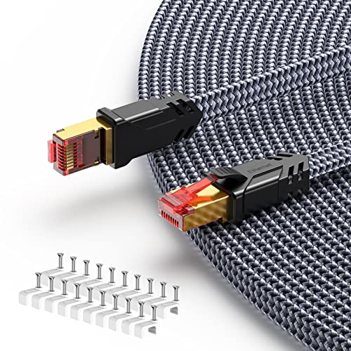 SNOWKIDS Cat 8 LAN Kabel 10meter, 40Gbps Netzwerkkabel Hochgeschwindigkeits 2000MHz S/FTP Ethernet Kabel Gigabit RJ45 Nylon geflochtener Vergoldeter Patchkabel für PS5 Router Modem TV Switch Laptop von SNOWKIDS