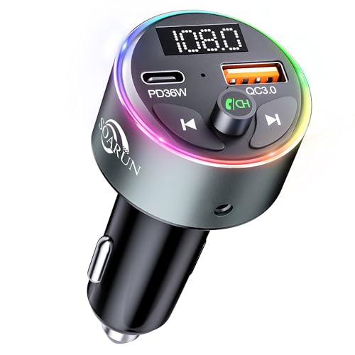 Bluetooth 5.3 FM Transmitter, SOARUN AUX Bluetooth Adapter Auto Radio 54W (PD 36W&QC 3.0 18W) Metall Autoladegerät mit Freisprecheinrichtung USB Anschluss KFZ Kit, 9 RGB Licht mit Lichtschalter von SOARUN