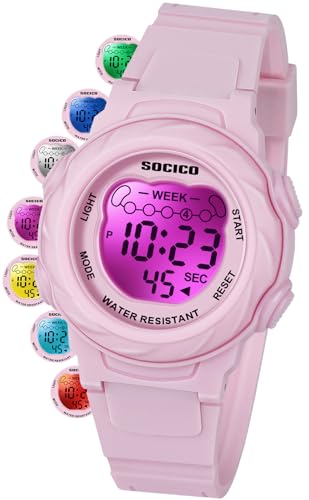 SOCICO Kinderuhr Digitaluhren für Mädchen Jungen, wasserdicht 5ATM, 7 Farbe leuchtet wasserdichte Uhren für Kinder mit Alarm Stoppuhr, weiche Band Armbanduhr für Mädchen und Jungen im Alter von 5-12. SOCICO Kinderuhr Digitaluhren für Mädchen Jungen, wasserdicht 5ATM, 7 Farbe leuchtet wasserdichte Uhren für Kinder mit Alarm Stoppuhr, weiche Band Armbanduhr für Mädchen und Jungen im Alter von 5-12. von SOCICO