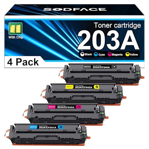 SODFACE 203A Kompatibel für HP 203X 203A Toner Set für Color Laserjet Pro MFP M281fdw M281fdn M280nw M254dw M254nw CF540A CF541A CF542A CF543A Tonerkartusche (Schwarz Cyan Gelb Magenta, 4er-Pack) von SODFACE