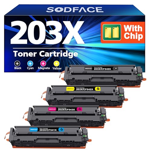SODFACE 203X Kompatibel für HP 203A 203X Toner Set für Color Laserjet Pro MFP M281fdw M281fdn M280nw M254dw M254nw CF540X CF541X CF542X CF543X Tonerkartusche (Schwarz Cyan Gelb Magenta, 4er-Pack) von SODFACE